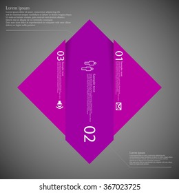 Illustration infographic template with shape of rhombus vertically divided to three dark purple parts. Each part has own number, simple sign and space for customer's text. Background is dark.