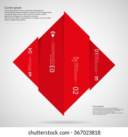 Illustration infographic template with shape of rhombus vertically divided to four red parts. Each part has own number, simple sign and space for customer's text. Background is light.