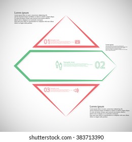 Illustration infographic template with shape of rhombus divided to three color  parts created just by outline. Each part contains sample text, simple sign and unique number. Background is light.