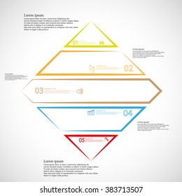 Illustration infographic template with shape of rhombus divided to five color  parts created just by outline. Each part contains sample text, simple sign and unique number. Background is light.