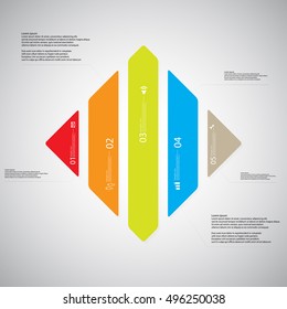 Illustration infographic template with shape of rhombus. Square shape vertically divided to five parts with various colors. Each part contains Lorem Ipsum text, number and sign. Background is light.