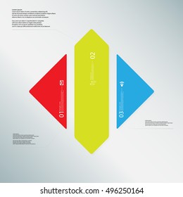 Illustration infographic template with shape of rhombus. Square shape vertically divided to three parts with various colors. Each part contains Lorem Ipsum text, number and sign. Background is light.