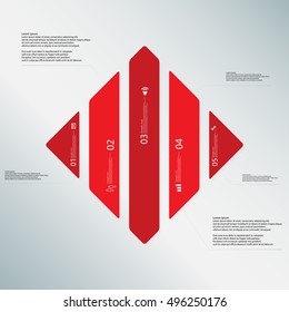 Illustration infographic template with shape of rhombus. Square shape vertically divided to five parts with red colors. Each part contains Lorem Ipsum text, number and sign. Background is light-blue.