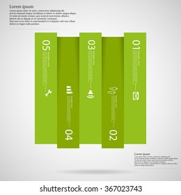 Illustration infographic template with shape of square vertically divided to five light green parts. Each part has own number, simple sign and space for customer's text. Background is light.