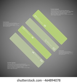 Illustration infographic template with shape of square rhombus. Object askew divided to four parts with green color. Each part contains Lorem Ipsum text, number and sign. Background is light dark.
