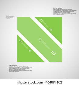 Illustration infographic template with shape of square rectangle. Object askew divided to three parts with green color. Each part contains Lorem Ipsum text, number and sign. Background is light light.