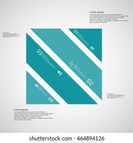 Illustration infographic template with shape of square rectangle. Object askew divided to four parts with blue color. Each part contains Lorem Ipsum text, number and sign. Background is light light.