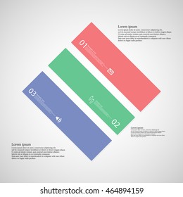 Illustration infographic template with shape of square rhombus. Object askew divided to three parts with various color. Each part contains Lorem Ipsum text, number and sign. Background is light light.