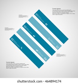 Illustration infographic template with shape of square rhombus. Object askew divided to five parts with blue color. Each part contains Lorem Ipsum text, number and sign. Background is light