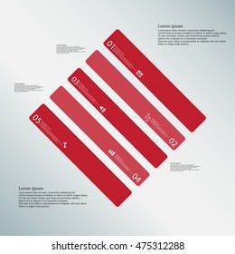 Illustration infographic template with shape of square rhombus. Object askew divided to five parts with red colors. Each part contains Lorem Ipsum text, number and sign. Background is light-blue.