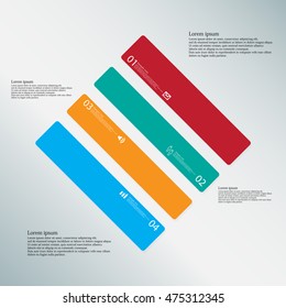 Illustration infographic template with shape of square rhombus. Object askew divided to four parts with various colors. Each part contains Lorem Ipsum text, number and sign. Background is light-blue.