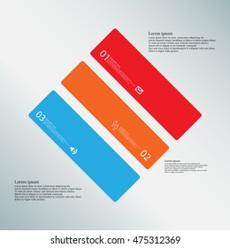 Illustration infographic template with shape of square rhombus. Object askew divided to three parts with various colors. Each part contains Lorem Ipsum text, number and sign. Background is light-blue.