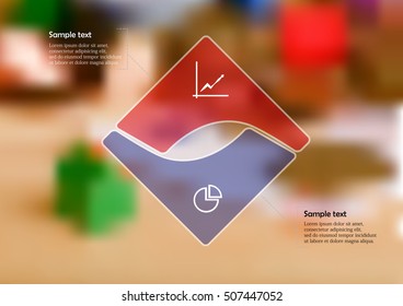 Illustration infographic template with shape of square consists of two parts on background created from photo of table with money and estate symbols. Graphic contains sample text and signs.