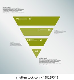 Illustration infographic template with shape of triangle. Object horizontally divided to four parts with green color. Each part contains Lorem Ipsum text, number and simple sign. Background is blue.