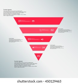 Illustration infographic template with shape of triangle. Object horizontally divided to five parts with red color. Each part contains Lorem Ipsum text, number and simple sign. Background is blue.