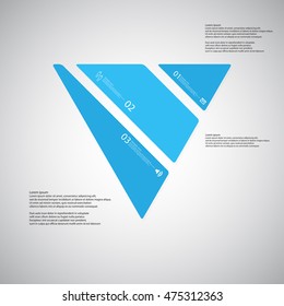 Illustration infographic template with shape of triangle. Object askew divided to three parts with blue color. Each part contains Lorem Ipsum text, number and sign. Background is light.