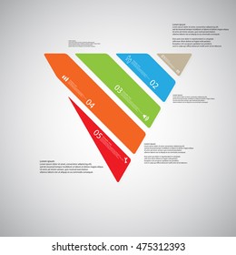 Illustration infographic template with shape of triangle. Object askew divided to five parts with various colors. Each part contains Lorem Ipsum text, number and sign. Background is light.