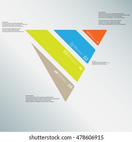 Illustration infographic template with shape of triangle. Object askew divided to four parts with various colors. Each part contains Lorem Ipsum text, number and sign. Background is light-blue.