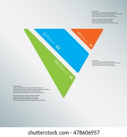 Illustration infographic template with shape of triangle. Object askew divided to three parts with various colors. Each part contains Lorem Ipsum text, number and sign. Background is light-blue.