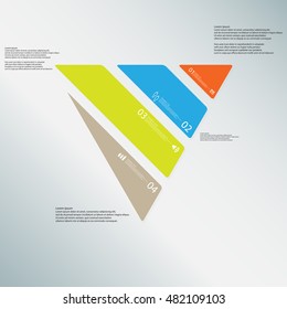 Illustration infographic template with shape of triangle. Object askew divided to four parts with various colors. Each part contains Lorem Ipsum text, number and sign. Background is light-blue.