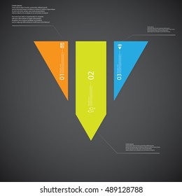 Illustration infographic template with shape of triangle. Form vertically divided to three parts with various colors. Each part contains Lorem Ipsum text, number and sign. Background is dark.