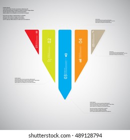 Illustration infographic template with shape of triangle. Form vertically divided to five parts with various colors. Each part contains Lorem Ipsum text, number and sign. Background is light.