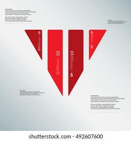 Illustration infographic template with shape of triangle. Object shape vertically divided to four parts with red colors. Each part contains Lorem Ipsum text, number and sign. Background is light-blue.