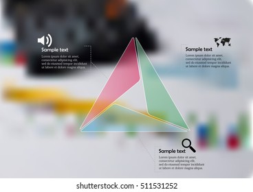Illustration infographic template with shape of triangle. Geometric item divided to three parts with various color with simple signs. Blurred photo of table with pen and charts used as background.