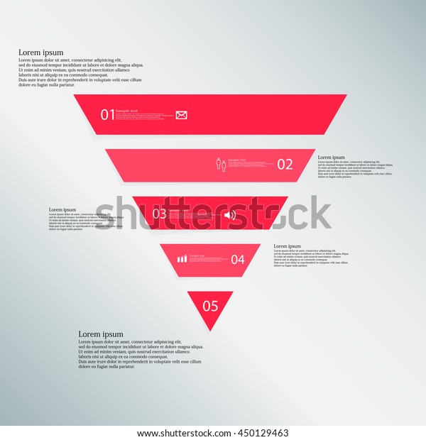 Illustration infographic template with shape of\
triangle. Object horizontally divided to five parts with red color.\
Each part contains Lorem Ipsum text, number and simple sign.\
Background is\
blue.