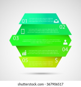 Illustration infographic template with some shapes divided to five parts with small shadow. Each part contains unique number, icons and space for own text or other purposes.