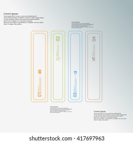 Illustration infographic template. Square motif. Divided cut to four color parts. Each part from double outline contour. Parts with sample text, sign and number. Blue gradient background.