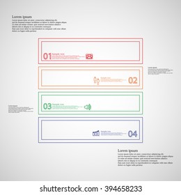Illustration infographic template with square on light background. Motif is divided to four color parts and created from thin double outlines. Each part contains text, number and simple sign.
