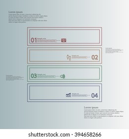 Illustration infographic template with square on light blue background. Motif is divided to four color parts and created from thin double outlines. Each part contains text, number and simple sign.