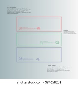 Illustration infographic template with square on light blue background. Motif is divided to three color parts and created from thin double outlines. Each part contains text, number and simple sign.