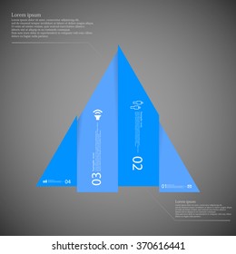 Illustration infographic template with triangle shape vertically divided to four blue parts. Each part contains simple sign, unique number and Lorem Ipsum text. Background is dark.