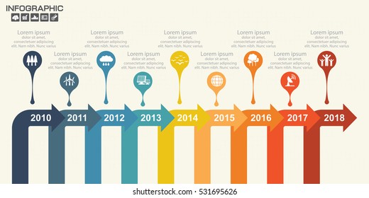 Illustration of  Infographic Timeline Arrows Template Layout With Vector Icons, could be used for website, UI, phone, tablet pc