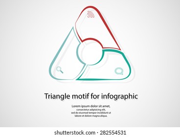 Illustration infographic with triangle shape with rounded corners consists of three separate color parts crated by outline contours, including simple symbol inside and with space around for own text