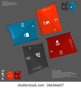 Illustration infographic which contains four folded paper sheets. Each sheet has different color, number, unique letter and space for text. Sheets are once rotated around middle of picture 
