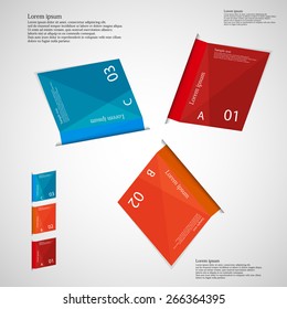 Illustration infographic which contains three folded paper sheets. Each sheet has different color, number, unique letter and space for text. Sheets are once rotated around middle of picture 