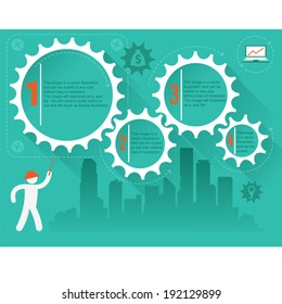 Illustration for infographics, presentations, report. Man shows at the order of activities in the form of gears.
