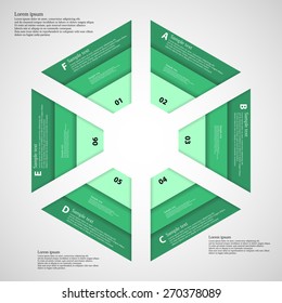 Illustration inforgraphic consists of six parts in shape of hexagons. Each part consists of three ribbons with green color. Each part has space for own text.