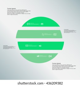 Illustration inforgraphic with shape of circle on blue background. Circle with green color. Template with round shape divided to four parts with text, number and symbol. Each part shifted to others.