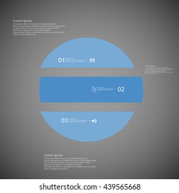 Illustration inforgraphic with shape of circle on dark background. Circle with blue color. Template with round shape divided to three parts with text, number and symbol. Each part shifted to others.