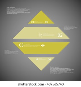 Illustration inforgraphic with shape of rhombus on dark background. Square with green color. Template with rectangle shape divided to four parts with text, number and symbol. Each part shifted.