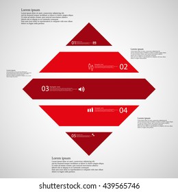 Illustration inforgraphic with shape of rhombus on light background. Square with red color. Template with rectangle shape divided to five parts with text, number and symbol. Each part shifted.