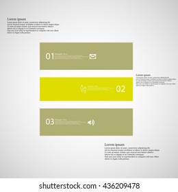 Illustration inforgraphic with shape of square on light background. Square with green color. Template divided to three parts with text, number and symbol. Each part shifted to each other.