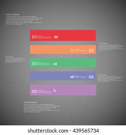 Illustration inforgraphic with shape of square on dark background. Rectangle with various color. Template with square shape divided to five parts with text, number and symbol. Each part shifted.