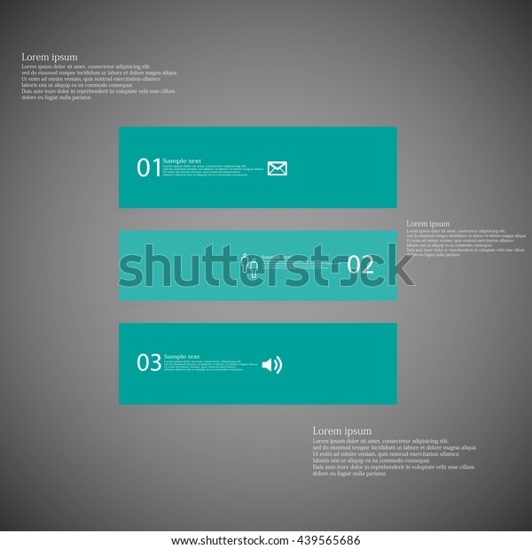 Illustration inforgraphic with shape of square\
on dark background. rectangle with blue color. Template with square\
shape divided to three parts with text, number and symbol. Each\
part shifted.