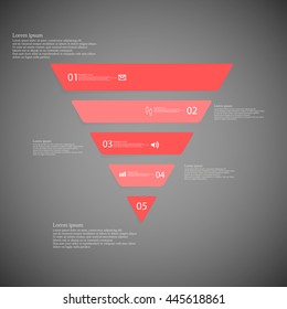 Illustration inforgraphic with shape of triangle on dark background. Triangle with red color. Template with triangle shape divided to five parts with text, number and symbol. 