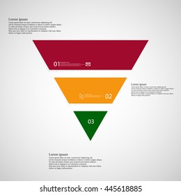 Illustration inforgraphic with shape of triangle on light background. Triangle with various color. Template with triangle shape divided to three parts with text, number and symbol. 